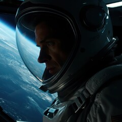 astronaut sitting in space capsule, detailed space suit, futuristic interior, looking out at Earth, dim lighting, space exploration, cinematic, high detail, science fiction atmosphere, dramatic scene