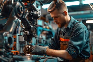 Sticker - A person working on industrial equipment in an industrial setting, suitable for use as a background image or illustration