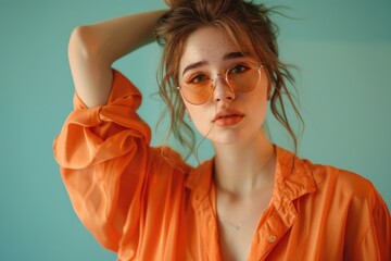 A person with orange clothing and eyeglasses, suitable for various uses such as character design or illustration