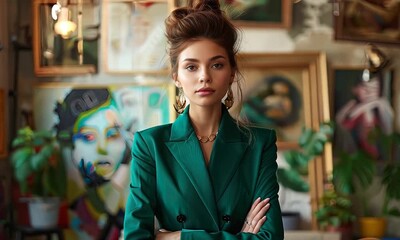 Wall Mural - Fashionable woman in a green suit in the background of paintings