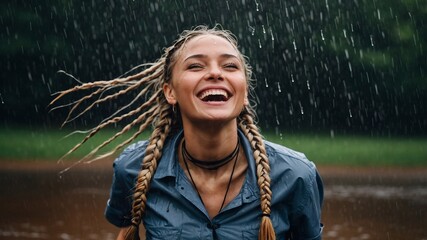 The girl dances in the rain, rejoices and laughs