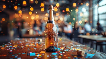 A single bottle of champagne sits on a wooden table covered in confetti.