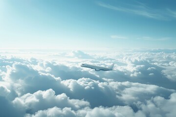 Poster - Aerial view of an airplane soaring above fluffy white clouds