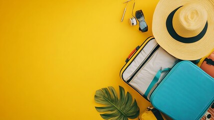 Flat lay of summer travel essentials on a yellow background.