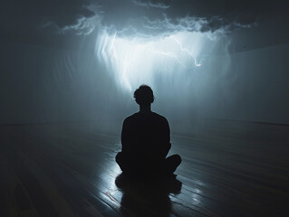 A thunderstorm over a man sitting on the floor. Artificial intelligence.