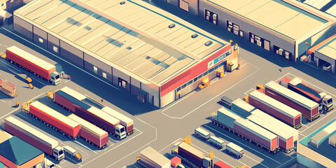 Expansive logistics hub with numerous warehouses, storage yards, and distribution vehicles parked in rows, flat illustration