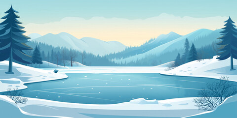 Wall Mural - Frozen lake with visible ice skates' marks, surrounded by snow-covered hills and trees, flat illustration