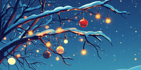 Wall Mural - Holiday lights wrapped around a snow-covered tree with visible ornaments hanging on branches, flat illustration