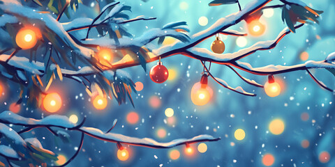 Wall Mural - Holiday lights wrapped around a snow-covered tree with visible ornaments hanging on branches, flat illustration