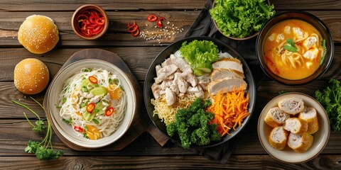 Nutritious Meal Rice Noodles with Chicken and Vegetables Green Salad with Tuna Pumpkin Cream Soup and Buns on the Table Vertical Composition