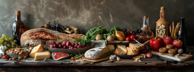 Wall Mural - Rustic bread and cheese spread with fruits and wine