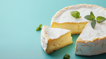 fresh brie cheese isolated on blue background , camembert cheese 