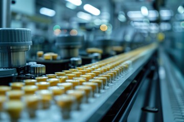 Wall Mural - A conveyor belt loaded with empty orange juice bottles, suitable for commercial or industrial settings