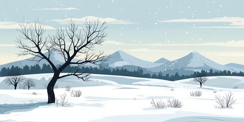 Wall Mural - Snow-covered field with scattered bare trees and distant mountains under a sky, flat illustration