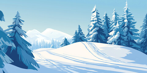 Snow-covered hill with a snow ramp and snowboard tracks, surrounded by trees, flat illustration