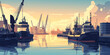 © thecreativesupplies - View of a harbor with multiple vessels moored at docks, cranes, and storage areas visible, flat illustration