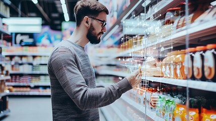 A man shopping in a grocery store, examining products on a shelf.