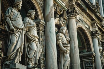 Wall Mural - Group of statues adorning the exterior wall of a building, providing architectural interest and visual appeal