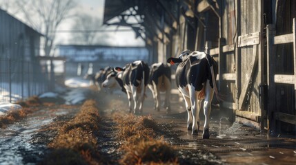 A herd of cows walking along a dirt road in a rural setting