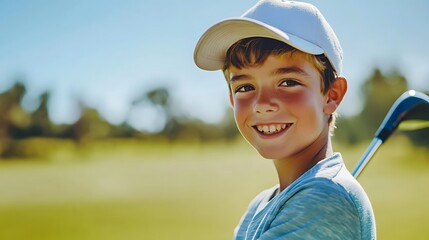 Happy young boy golfer on the course with a club over his shoulder, smiling at the camera.