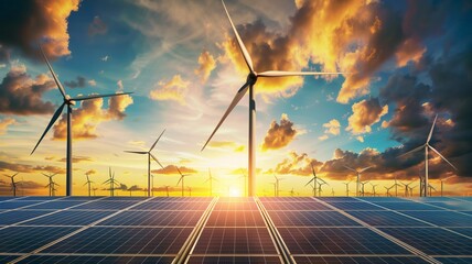 Rows of solar panels and numerous wind turbines are illuminated by the vibrant colors