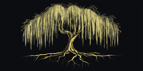 Wall Mural - Depiction of a weeping willow tree with drooping branches and visible roots, flat illustration