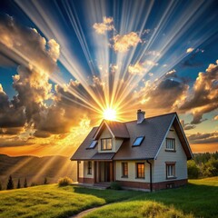 Sun rays illuminate a house at sunset over rolling hills. Generative AI