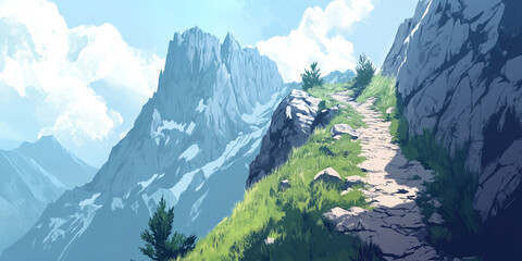 Wall Mural - Narrow mountain trail hugging cliffside, leading to distant peak, flat illustration