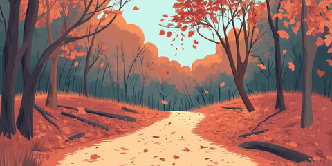 Wall Mural - Narrow path winding through a wooded area with fallen branches and scattered leaves, flat illustration