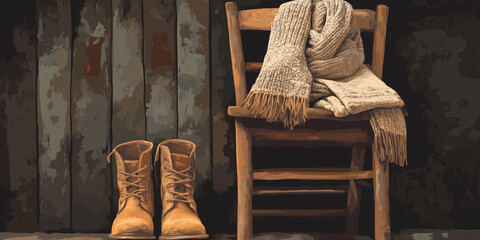 Pair of boots beside a folded coat and a warm scarf on a rustic chair, flat illustration