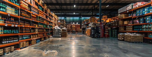 Wall Mural - Warehouse aisle with fully stocked shelves of products in an industrial setting