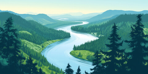 Wall Mural - River meandering through hilly landscape, flanked by dense forests, flat illustration