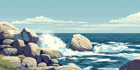 Wall Mural - Rocky shoreline with waves crashing against boulders, lighthouse on farthest point, flat illustration