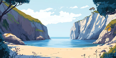 Wall Mural - Sandy cove sheltered by high cliffs, with a calm sea beyond, flat illustration