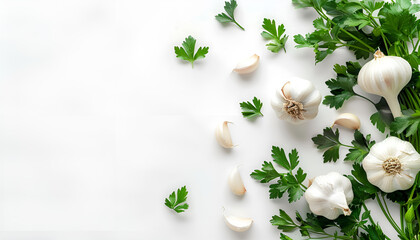 Wall Mural - Garlic with leaves of parsley isolated on white