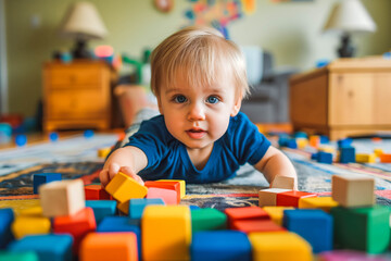 Wall Mural - A lifestyle photograph of a young Caucasian toddler playing with colorful wooden block toys