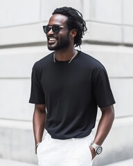 A cheerful man enjoys the charm of a sunny street in the city