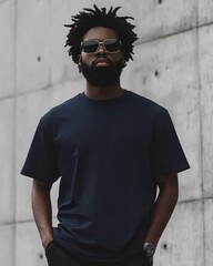 Sticker - A confident man showcases a dark blue t-shirt against a textured background