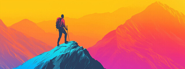 Silhouette of a hiker with a backpack standing on a mountain peak, overlooking colorful, vibrant, gradient landscape at sunset.