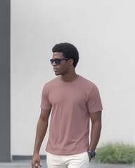 Poster - The man confidently walks down a modern street wearing stylish shades