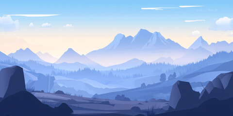 Wall Mural - Broad mountain pass with rocky slopes and distant range on horizon, flat illustration