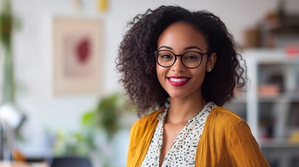 Wall Mural - Young black woman wearing glasses smiling in modern office