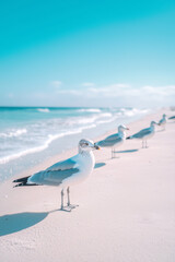 Wall Mural - Seagulls on a sandy beach by the blue ocean on a sunny summer day