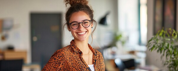 Wall Mural - Young happy designer woman smiling in modern open space office