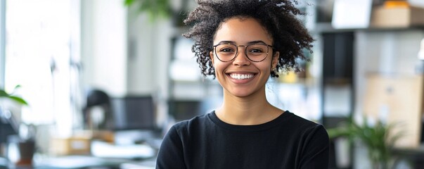 Wall Mural - Young professional woman smiling in modern office environment