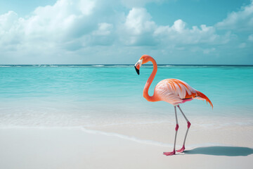 Wall Mural - Pink flamingos on a beach with white sand, crystal clear turquoise ocean and green palm trees