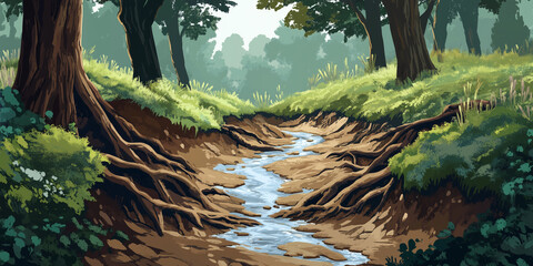 Wall Mural - Forest stream cutting through landscape with exposed roots and eroded banks, flat illustration