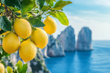 Bright ripe lemons on the tree on the background of the Mediterranean city, sea coast surrounded by green mountains