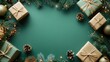 © Palou Studio - Top View of a Decorated Christmas Banner with Blank Space for Text. Gift Boxes, Ornaments, and Branches on a Green Background