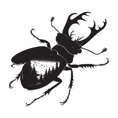 silhouette of stag beetle flying, filled with nature view in rough drawing, animal,